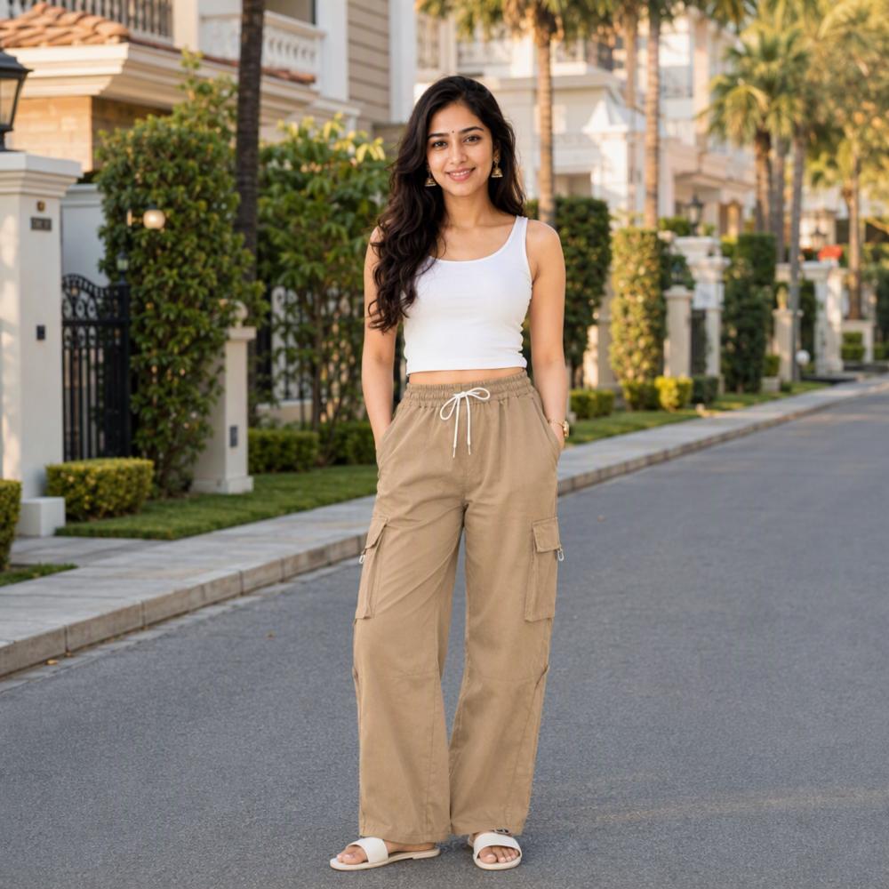 Womenâs Beige Cotton Cargo Pants with Elastic Waistband