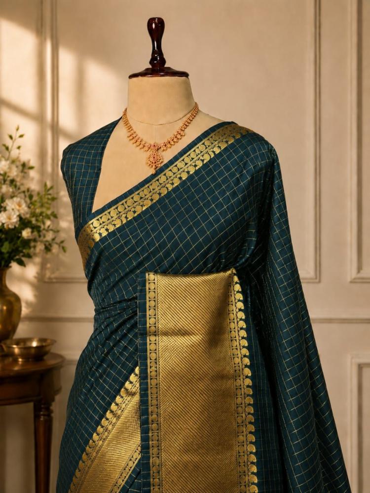 Handloom Maheshwari Semi Katan Silk Saree with Golden Zari Pallu