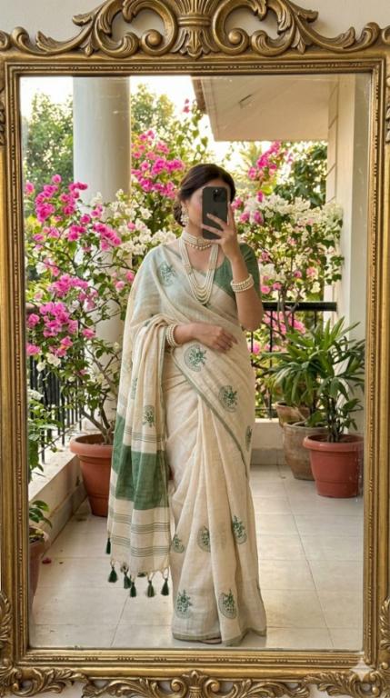 Premium Pure Mysore Silk Soft Linen Saree with Sequin Embroidery & Tassel Pallu