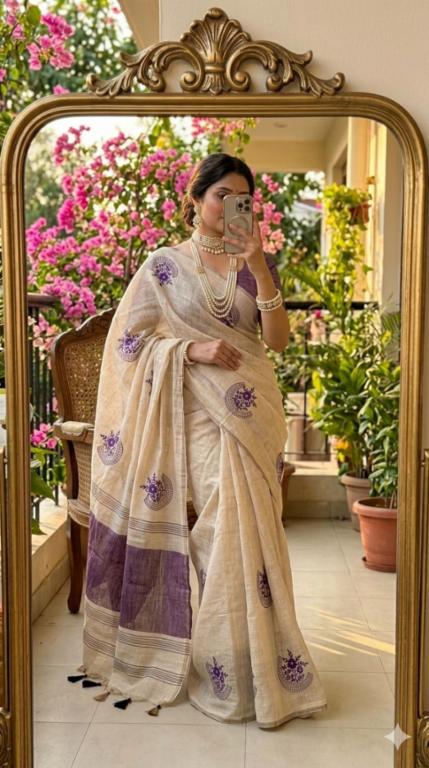 Premium Pure Mysore Silk Soft Linen Saree with Sequin Embroidery & Tassel Pallu