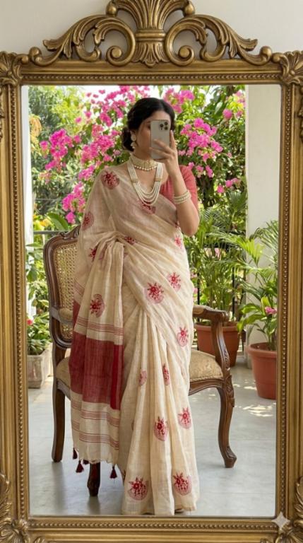 Kasturi Trendz Pure Mysore Silk Soft Linen Saree with Sequin Embroidery & Tassel Pallu