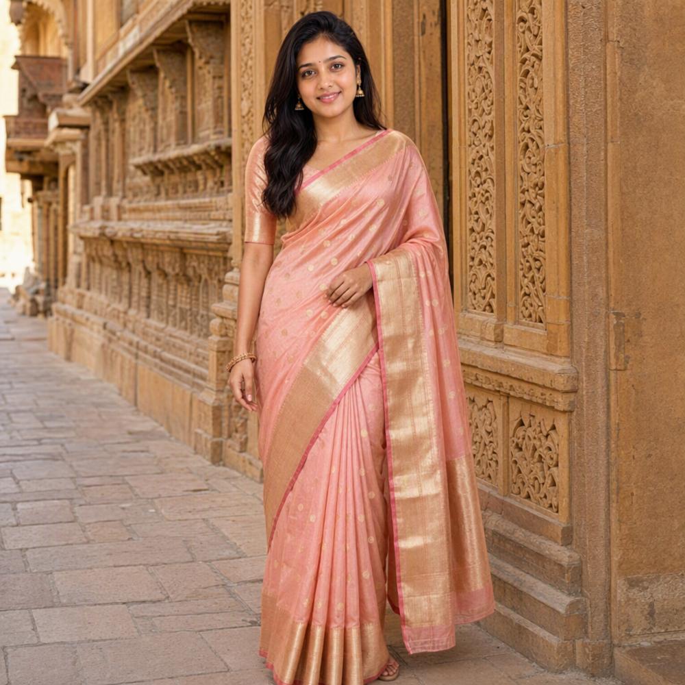 Women's Peach Pink Cotton Silk Banarasi Saree with Golden Zari Border & Jacquard Butti Work