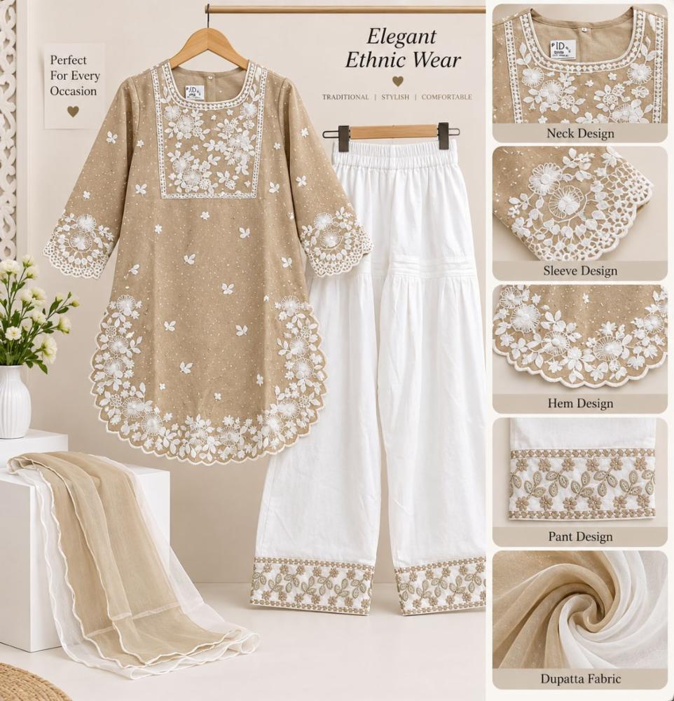 Girls' Cotton Lucknowi Work Farshi Salwar Suit Set with Matching Dupatta