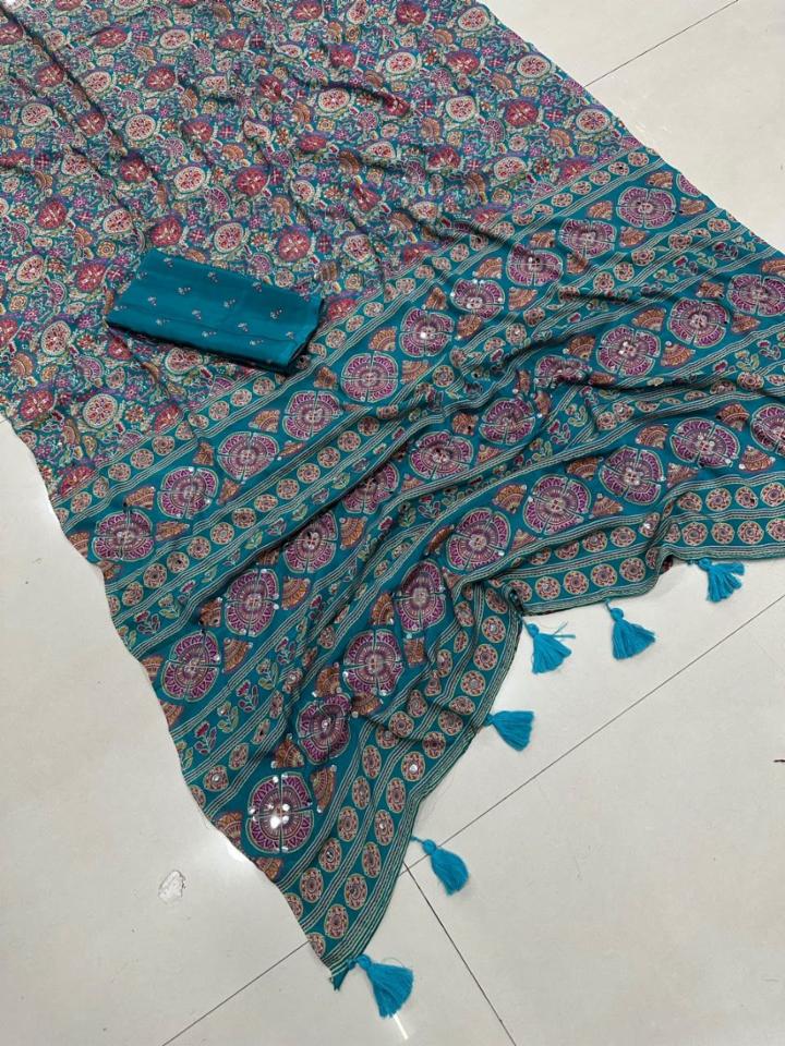 Ajrakh Print Satin Silk Saree with Mirror Work and Blouse