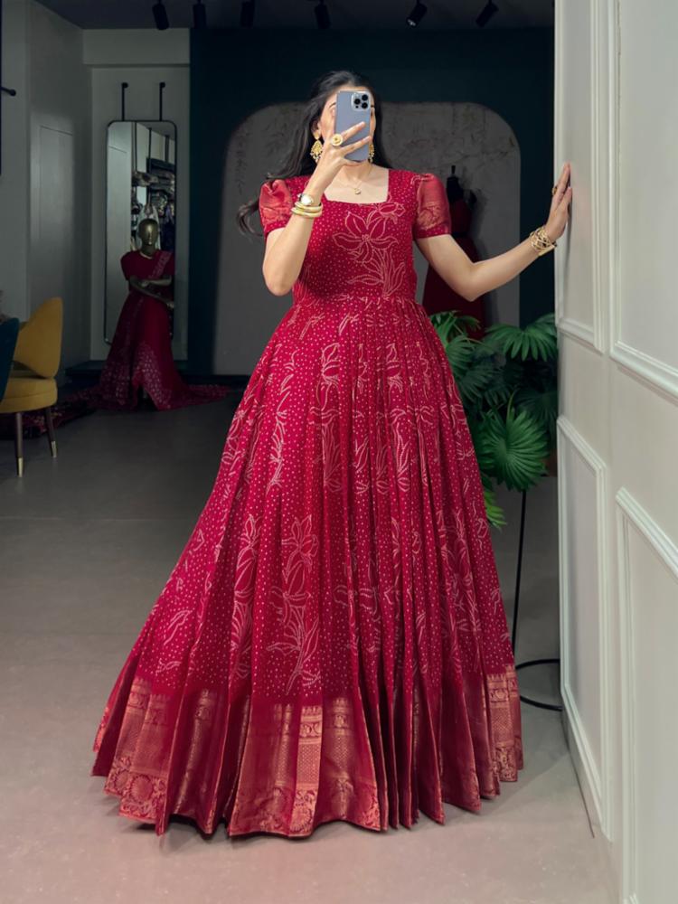 Kota Checks Fabric Bandhej Print Long Dress with Zari Weaving Border