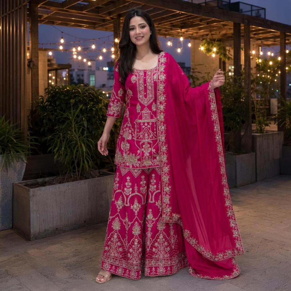 Pure Cp-Vicitra Silk Embroidered Stitched Sharara Suit Set with Dupatta