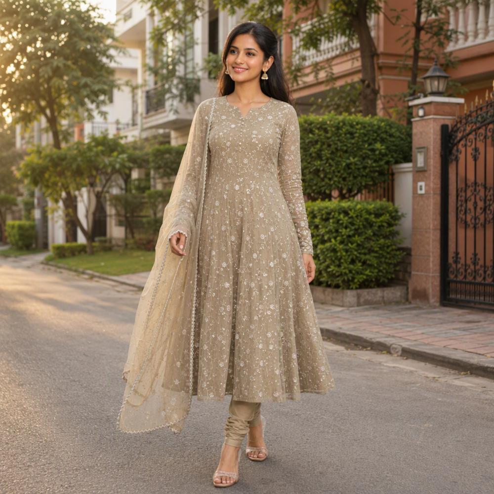 Women's Heavy Fendi Crush Embroidered Anarkali Gown Set with Palazzo and Dupatta