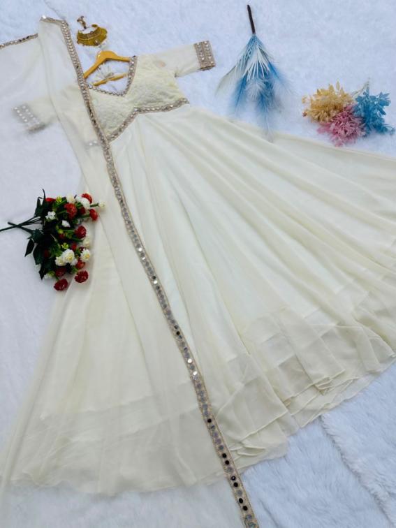 Heavy Faux Georgette Anarkali Gown with Embroidery Chikankari and Mirror Work