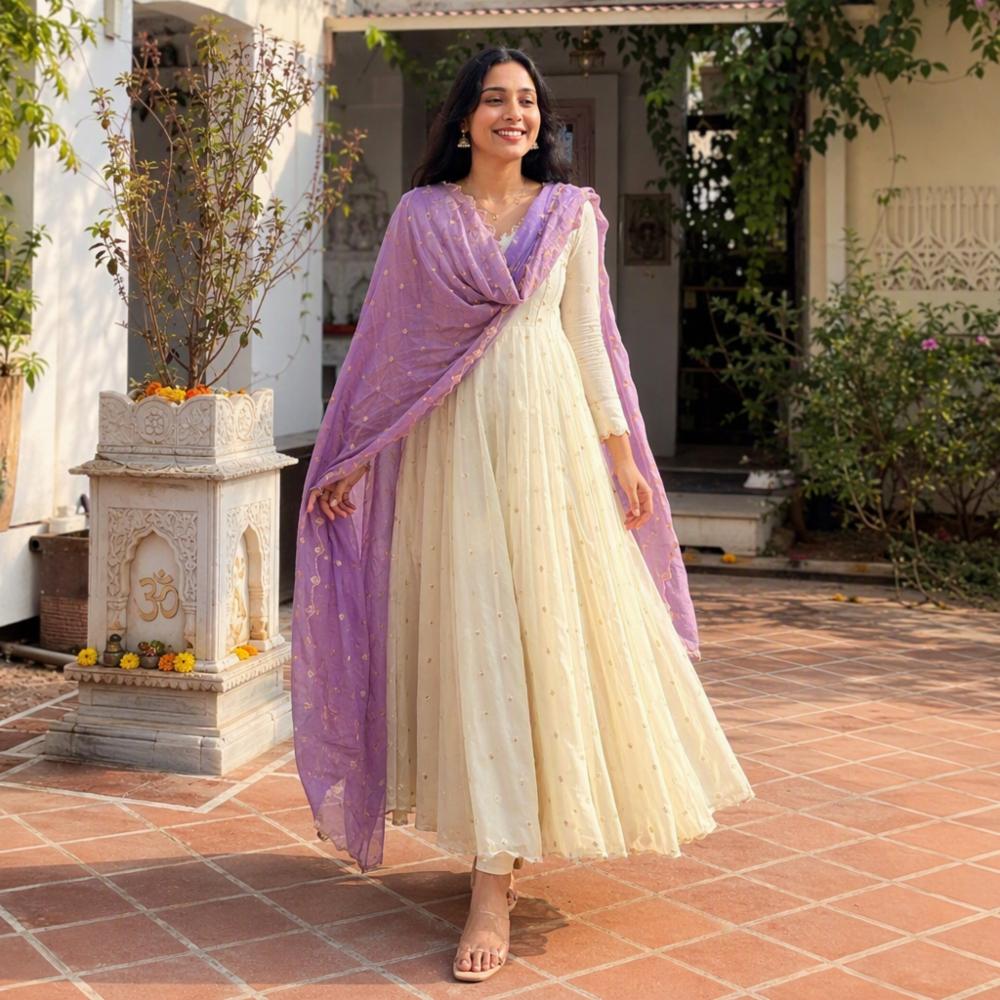 Women's Multi Color Chinnon Silk Embroidered Gown with Dupatta
