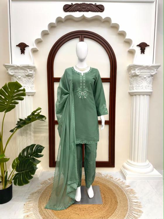 American Silk Suit Set with Pant and Tibby Silk Dupatta