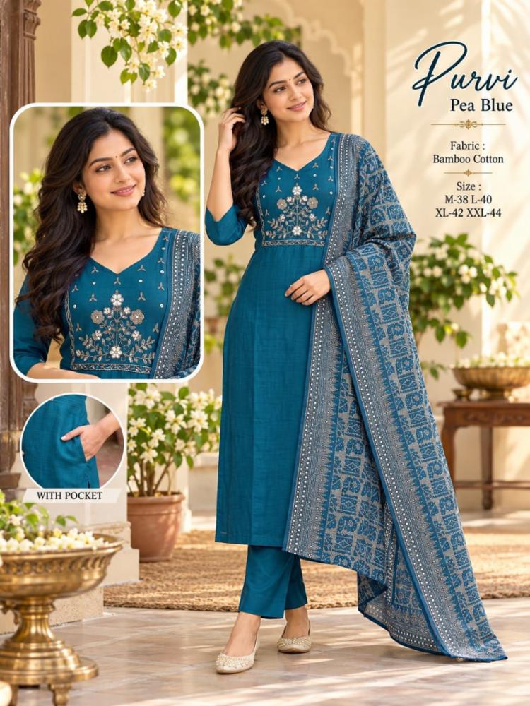 Bamboo Cotton Embroidered Kurti Set with Pant and Printed Dupatta