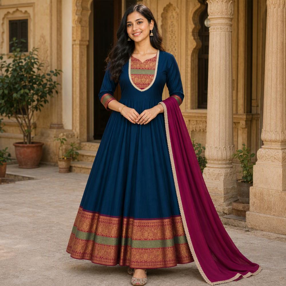Women's Floor-Length Cotton Spun Gown with Dupatta 