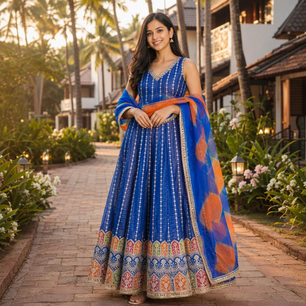 Anarkali Gown Set with Digital Print and Organza Dupatta