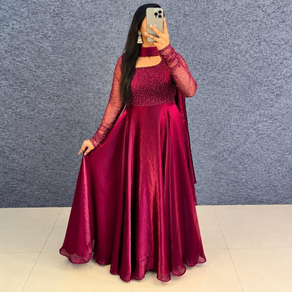 Soft Fendy Silk Gown with Sequence and Beads Work and Dupatta
