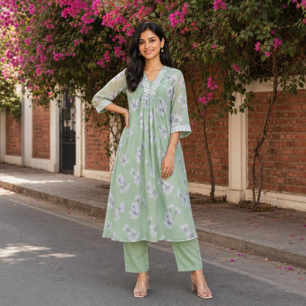 Georgette Chikankari Lace Kurti Pant Set