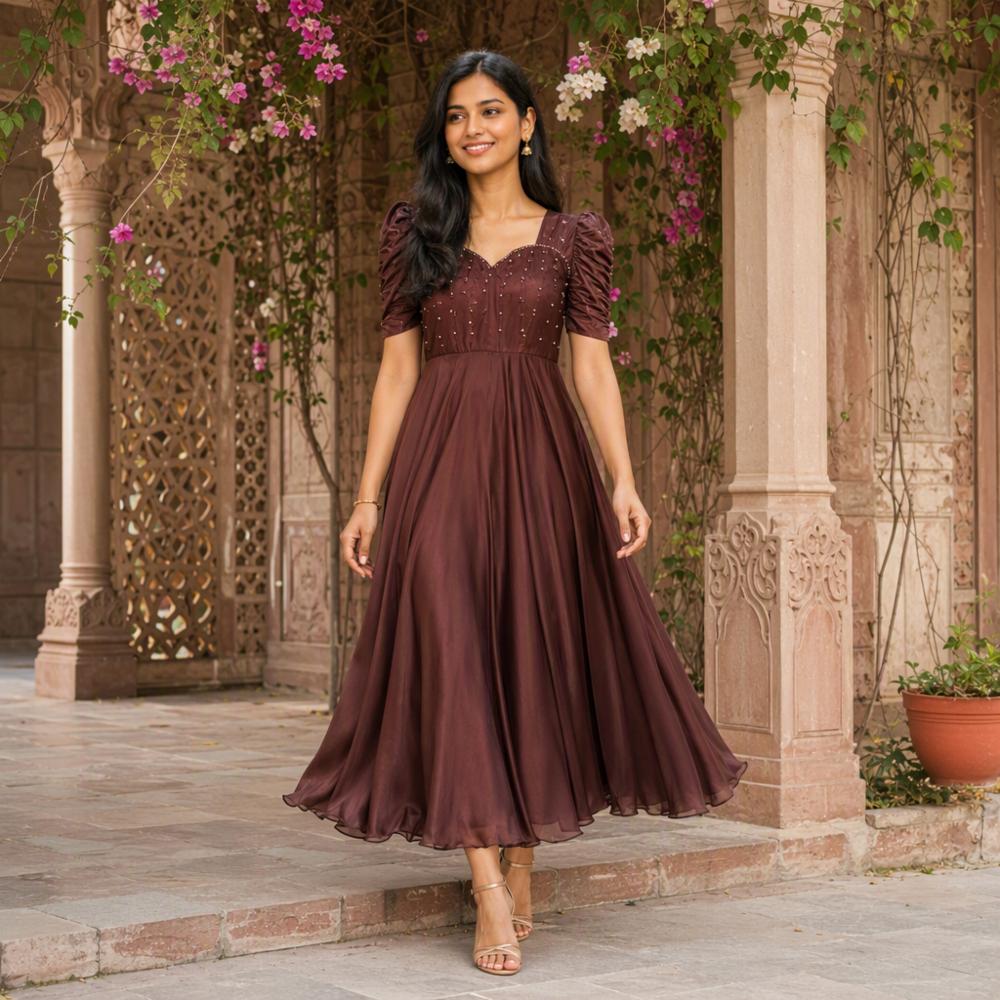 Soft Rangoli Silk Gown with Maggam Work