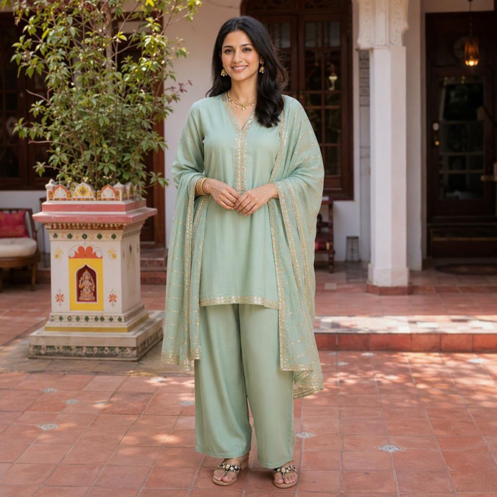 Pure Banana Silk 3 Piece Palazzo Set with Jacquard Dupatta