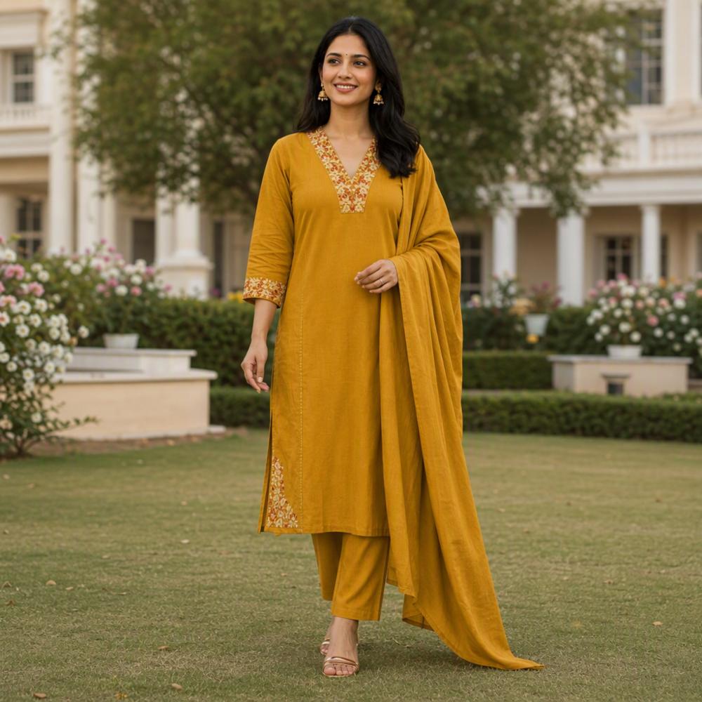 Cotton Suit Set with Embroidery and Cotton Mul Mul Dupatta