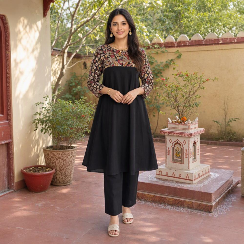 Printed Long Kurta Set with Palazzo in Cotton Fabric