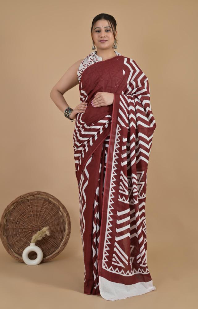 Cotton Mul-mul Hand Block Print Saree with Blouse Piece