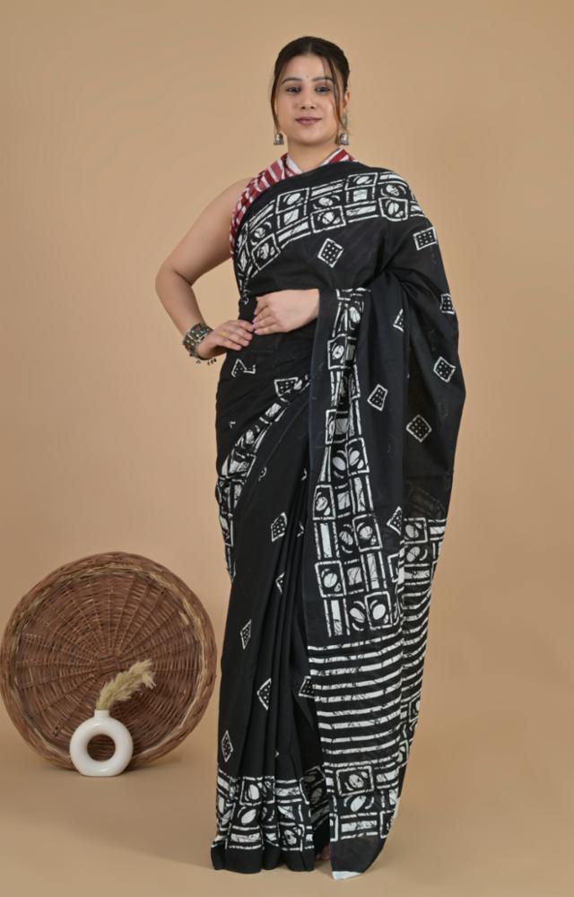 Pure Cotton Mul-mul Hand Block Print Saree