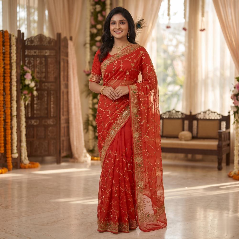 New Designer Orange Bandhani Chiffon Saree with Golden Peacock Zari Embroidery Work