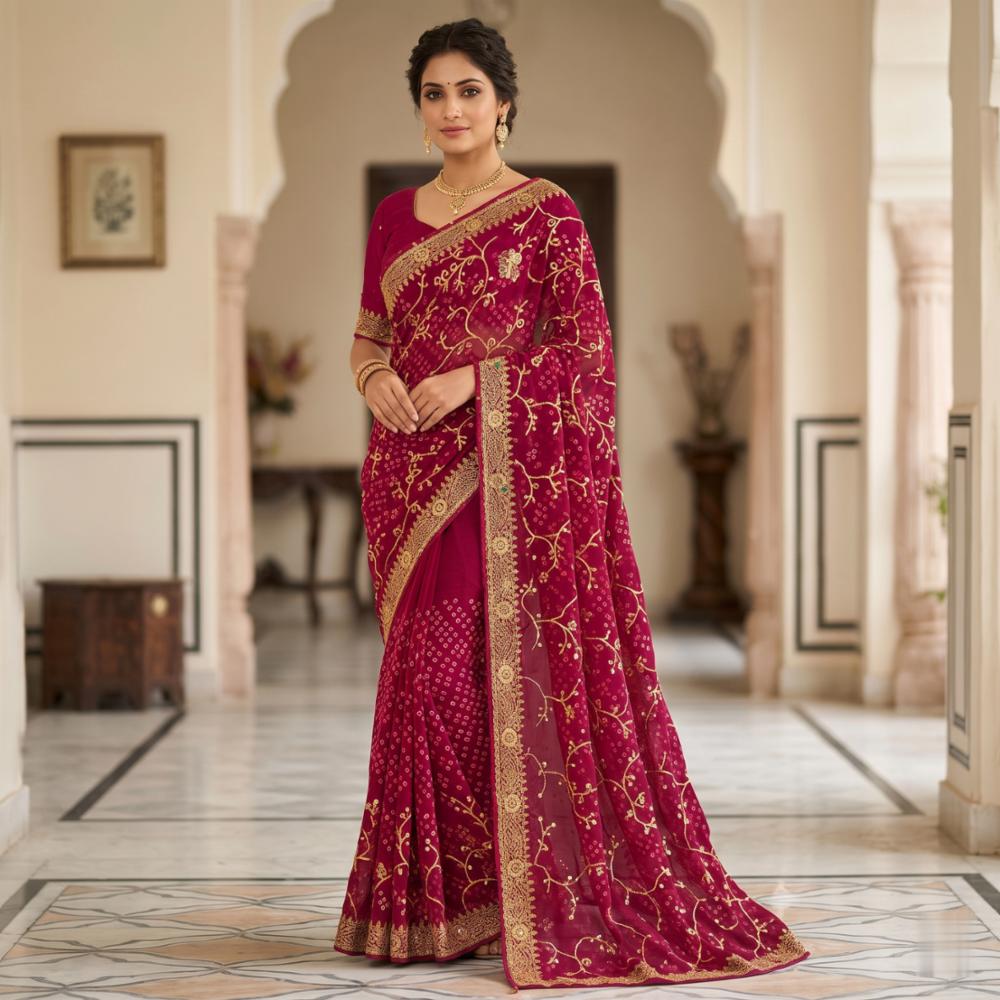 Premium Wine Magenta Chiffon Bandhej Style Saree with Heavy Golden Zari Embroidery & Sequin Work