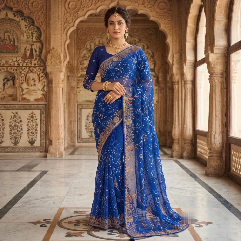 Royal Blue Bandhej Chiffon Saree with Heavy Golden Zari & Sequin Embroidery