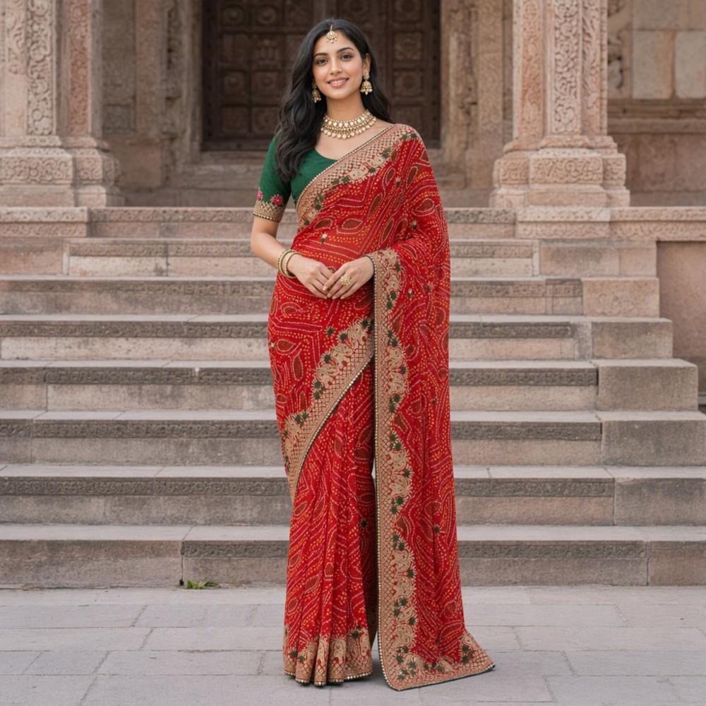 Red Bandhani Embroidery Georgette Saree with Green Blouse