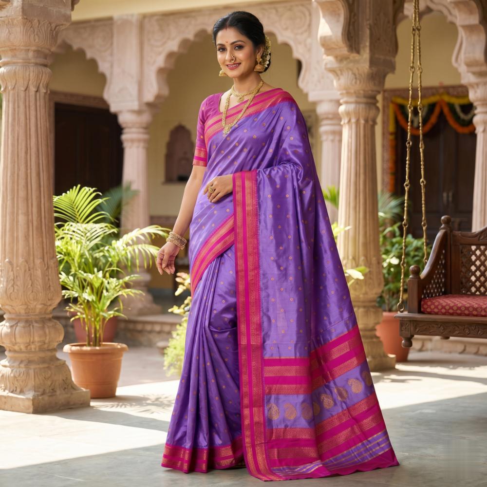 Lavender Half Silk Narayan Peth Paithani Saree with All-Over Zari Butti & Contrast Pink Zari Border