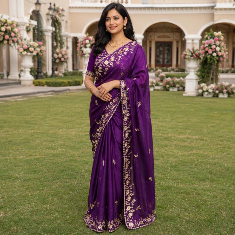 Embroidered Sequin Work Party Wear Saree with Blouse - Fendy Chiffon Fabric