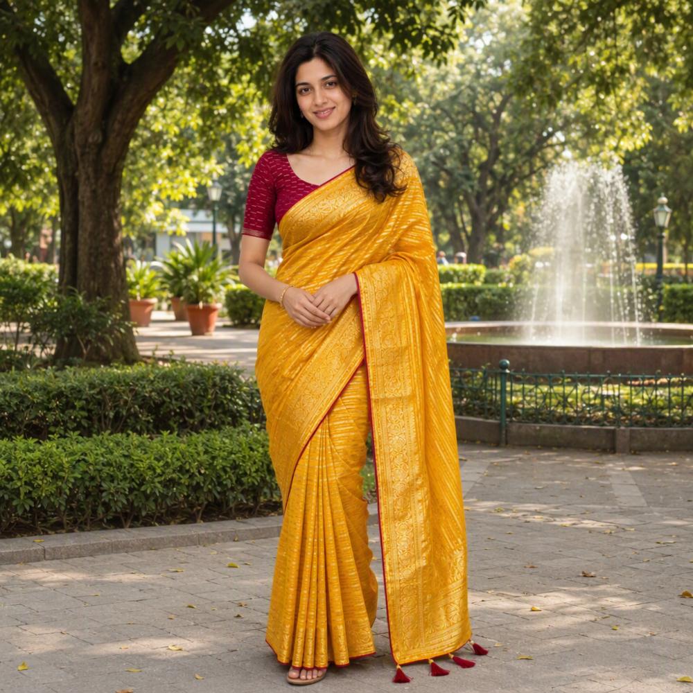 Premium Georgette Jeni Jacquard Designer Saree with Tassel Detailing