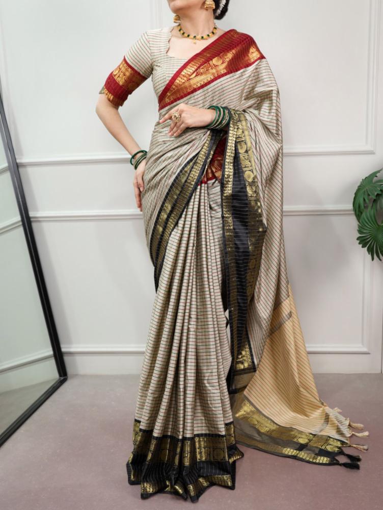 Silk Saree with Checks Pattern and Zari Border
