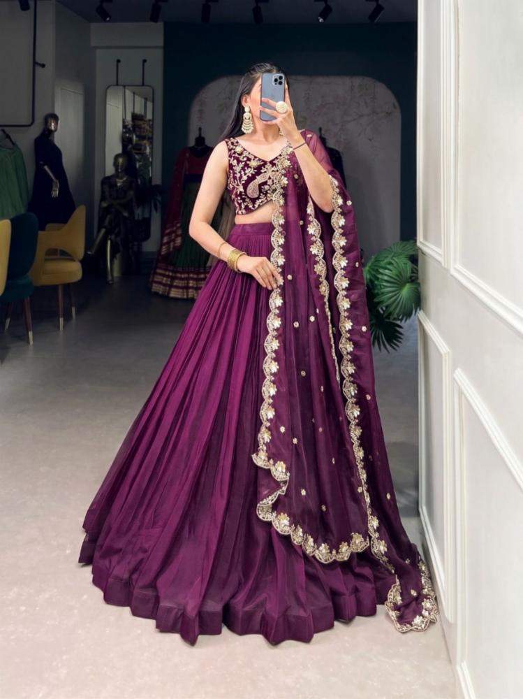 Wine Organza Silk Lehenga with Embroidered Velvet Blouse