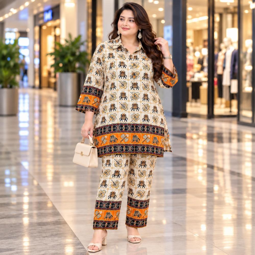 Rayon Printed Cordset with Golden Foil Work for Women