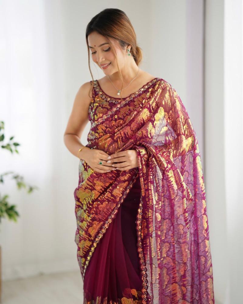 Premium Mono Net Sequin Work Designer Saree with Matching Blouse