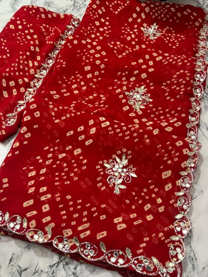 trending festival special Red bandhej handwork sarees 
