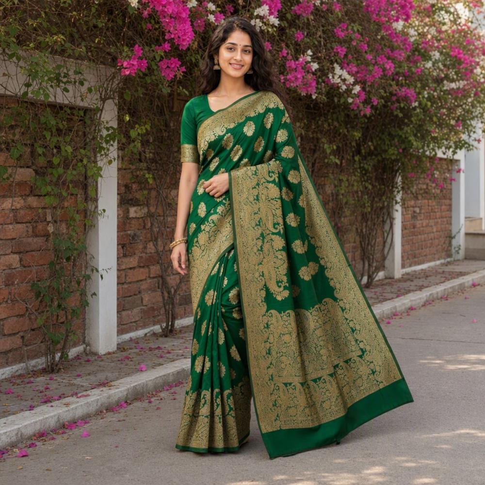 Women's Emerald Green Banarasi Silk Saree with Rich Golden Zari Work