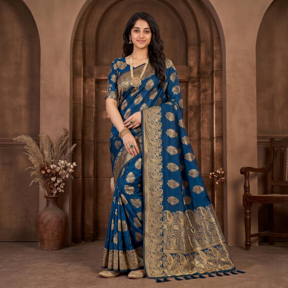 Royal Peacock Blue Banarasi Silk Saree with Golden Zari Woven Border