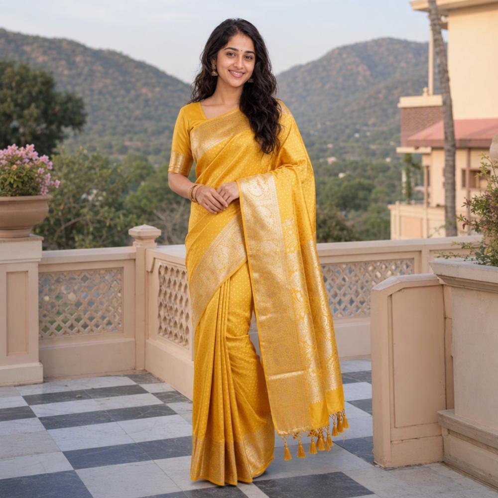 Yellow Banarasi Silk Saree with Golden Zari Work and Peacock Border