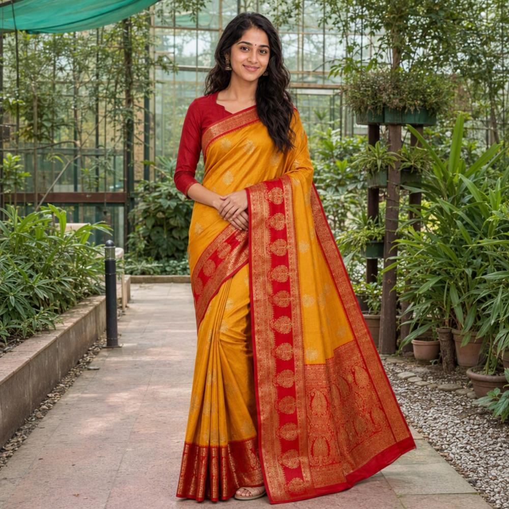 Stunning Mustard Yellow Banarasi Silk Saree with Rich Red Contrast Zari Border