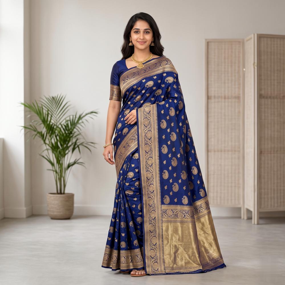 Royal Navy Blue Banarasi Silk Saree with Golden Zari Paisley Motifs and Rich Woven Border