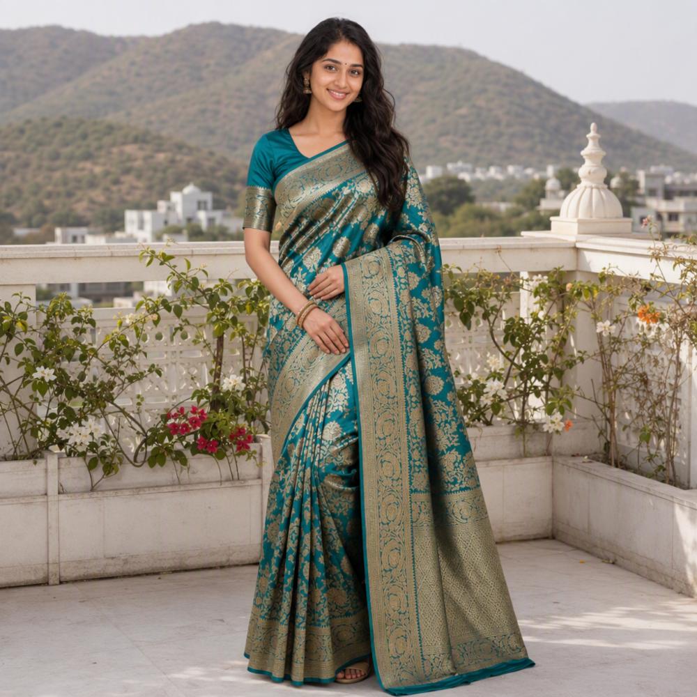Gorgeous Teal Blue Banarasi Silk Saree with Heavy Golden Zari Weaving