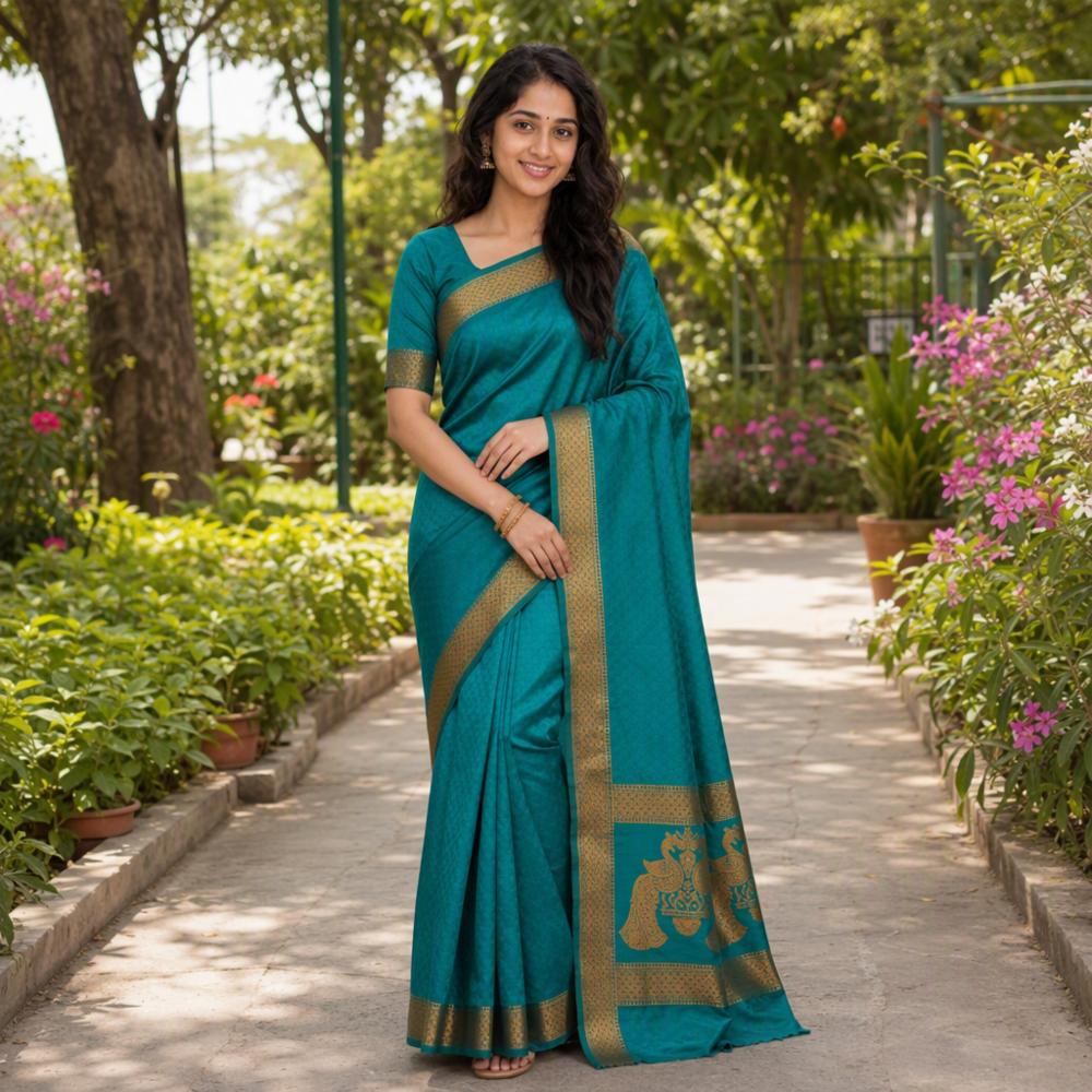 Elegant Teal Blue Banarasi Silk Saree with Golden Zari Peacock Motif Pallu