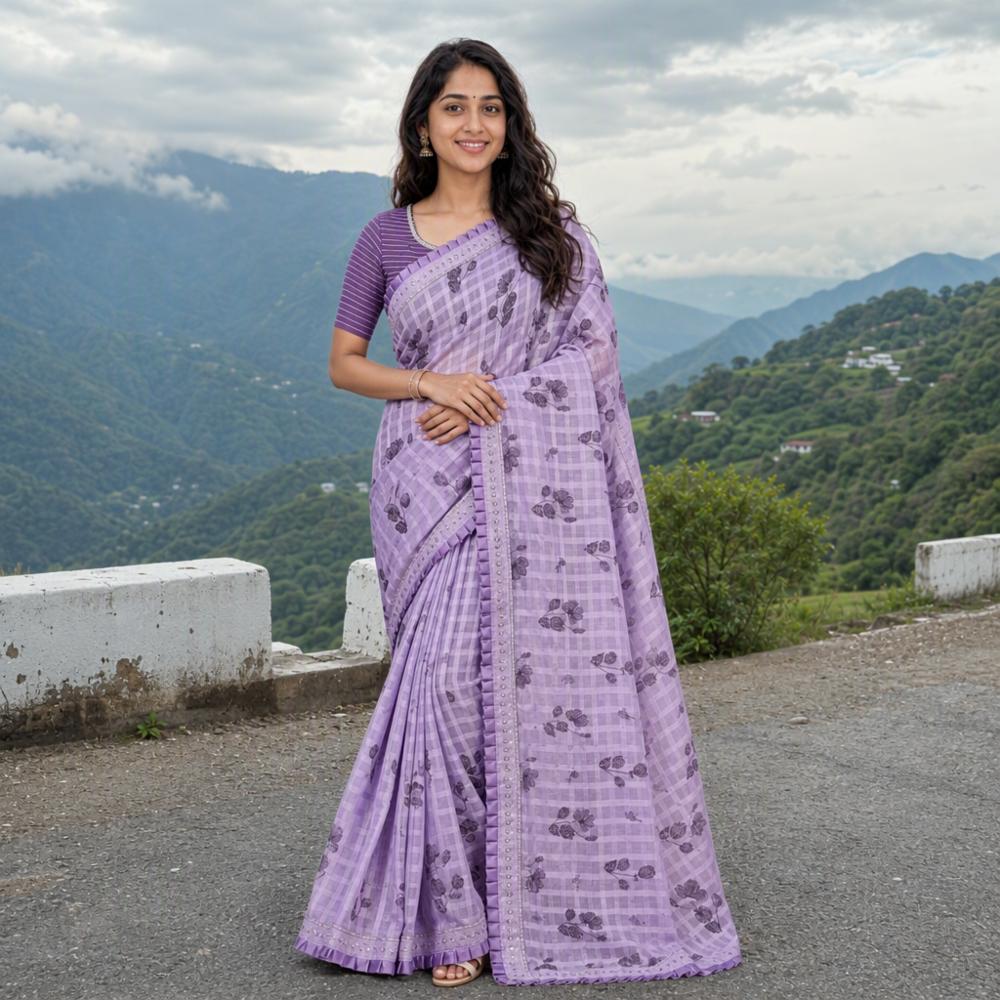 Gorgeous Linen Cotton Blend Lavender Checkered Saree with Floral Prints & Ruffle Border
