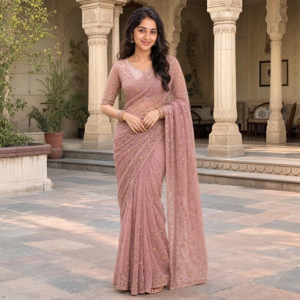 Dusty Pink Net Saree with Sequin and Zari Embroidery, Unstitched Blouse