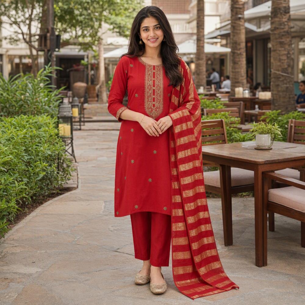 Womenâs Crimson Red Roman Silk Embroidered Kurta Palazzo Set with Golden Striped Dupatta