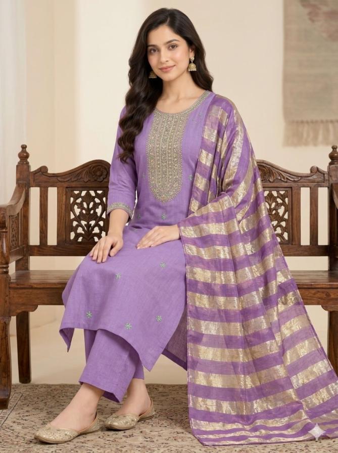 Womenâs Lavender Roman Silk Embroidered Kurta Palazzo Set with Golden Striped Dupatta