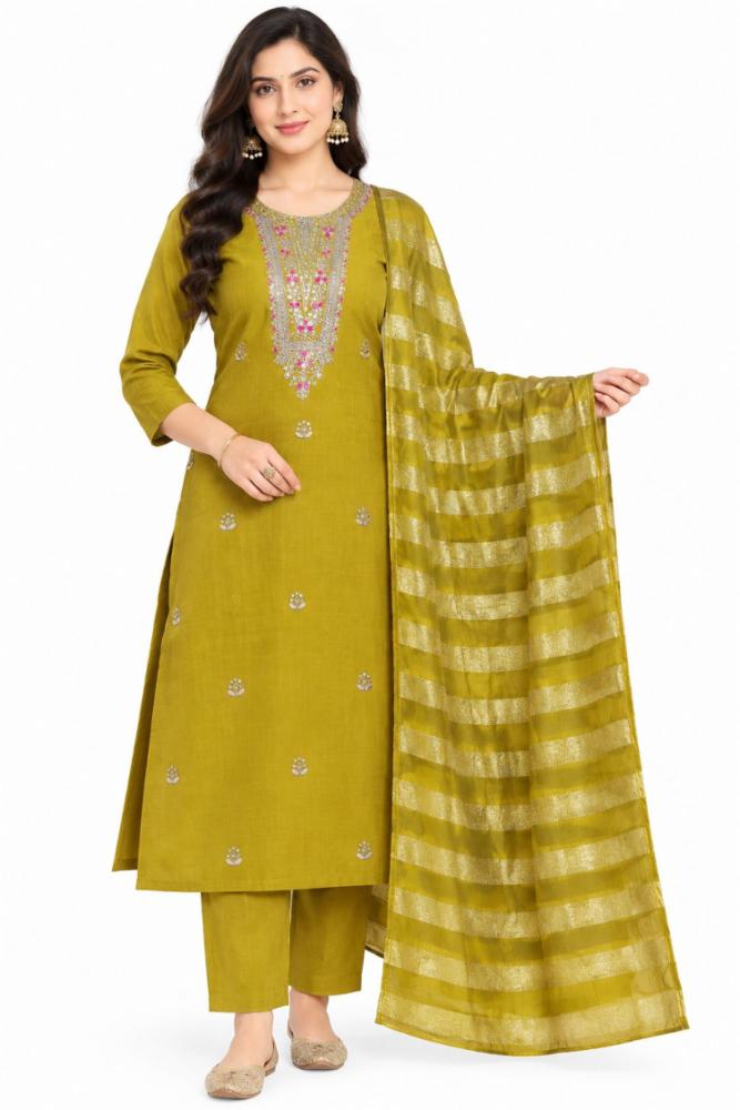 Womenâs Mustard Roman Silk Embroidered Kurta Palazzo Set with Golden Striped Dupatta
