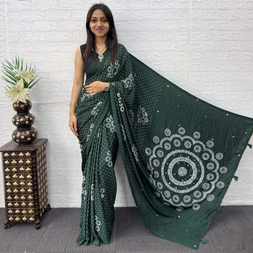 Japan Satin Bandhani Print Saree with Real Mirror Work and Blouse
